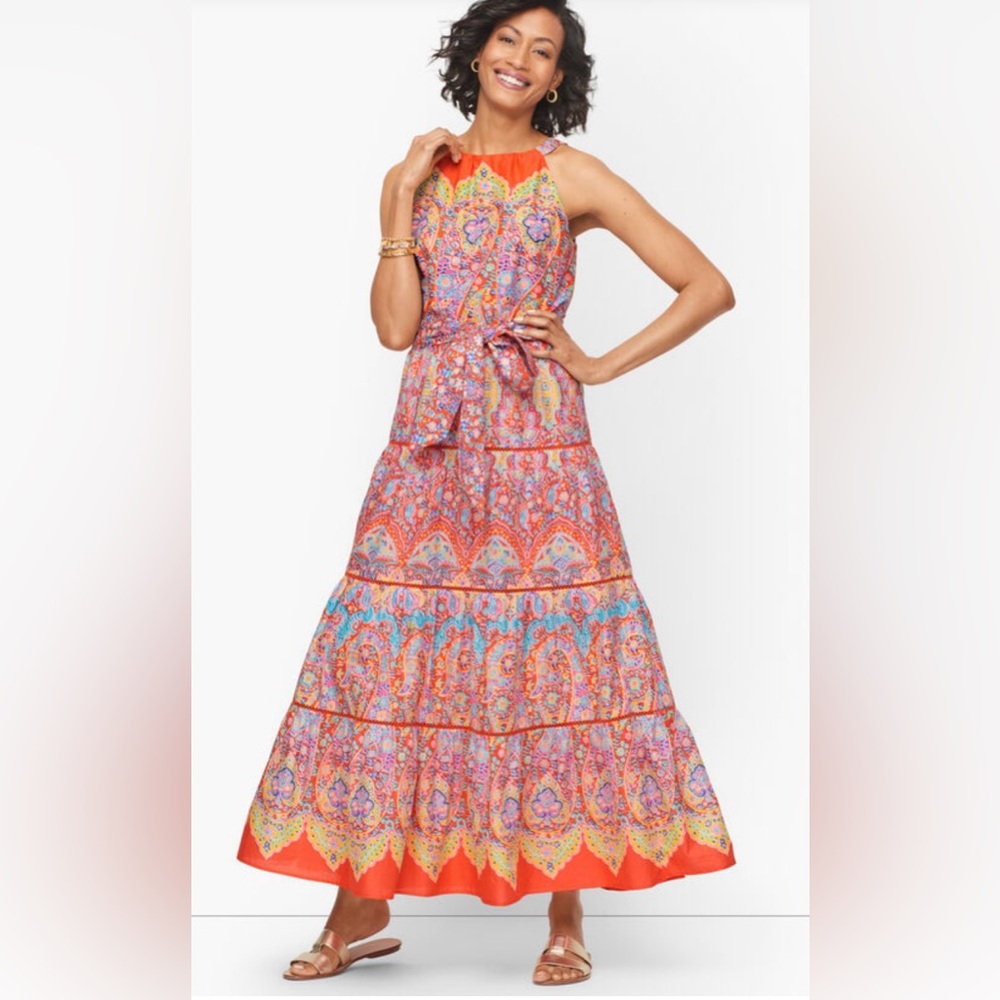 Talbots Tiered Halter Maxi Dress Medallion Size 14 Missing belt.